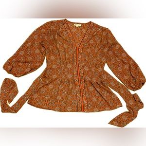 MAX STUDIO Tunic Blouse Ruched Waist Tie Back Elastic Balloon Sleeves Small